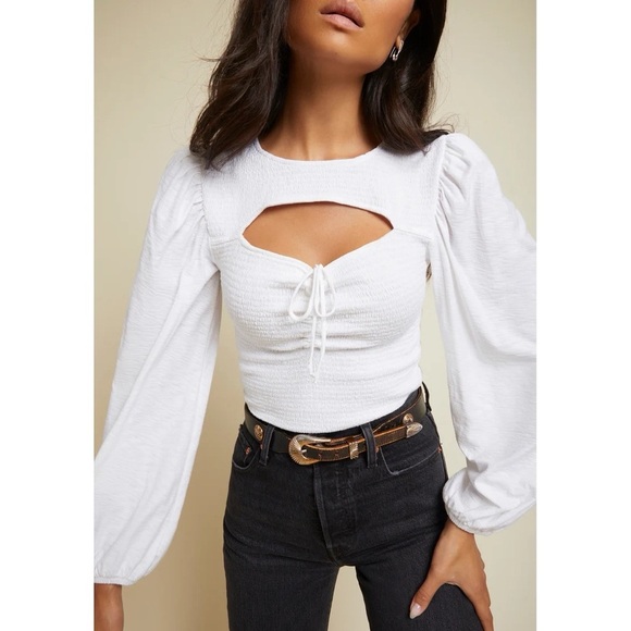 Nation LTD Tops - Nation LTD Leilani White Smocked Cutout Long Sleeve Cotton Top